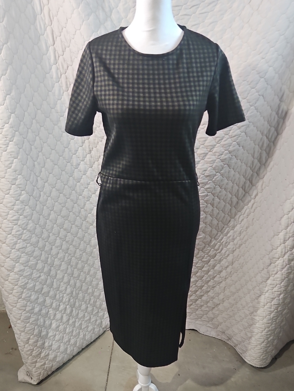 Zara Gingham Green And Black Short Sleeve Sheath Midi Dress